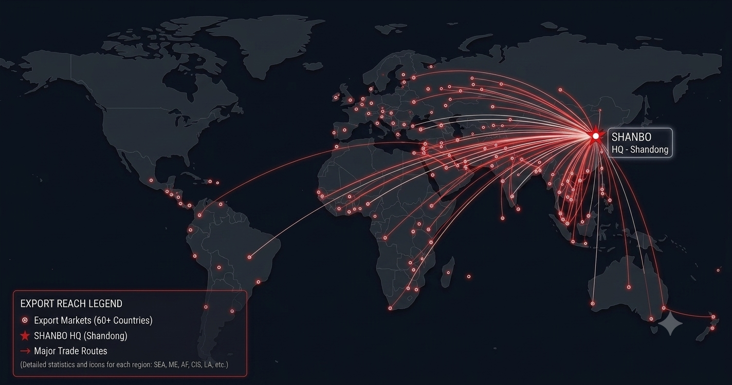 SHANBO export markets — 60+ countries across Southeast Asia, Middle East, Africa, CIS and Latin America